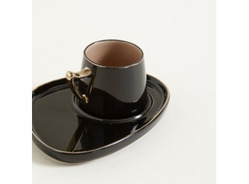 Taza Y Bandejita Colette Negra Borde Dorado 90 Ml