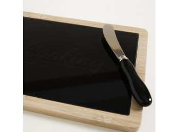 Tabla De Quesos Bamboo Y Vidrio Negro Con Cuchillo 38X18 Cm